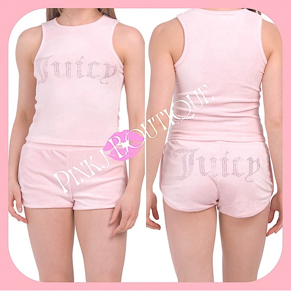 💗💋2pc {Juicy Couture} Beautiful Blush Pink Velour Bling Tank+Shorts | PJ Set! - Picture 3 of 4
